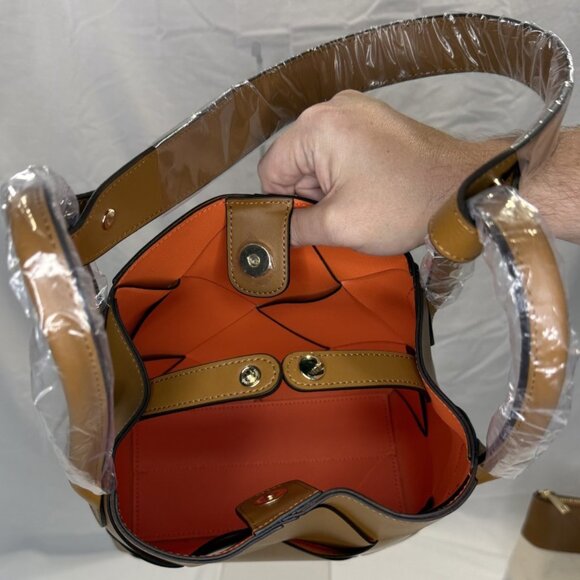 Caramel Woven Leather Bucket Bag, Loop Handles, Removable Shoulder Strap, NWOT - Picture 6 of 16